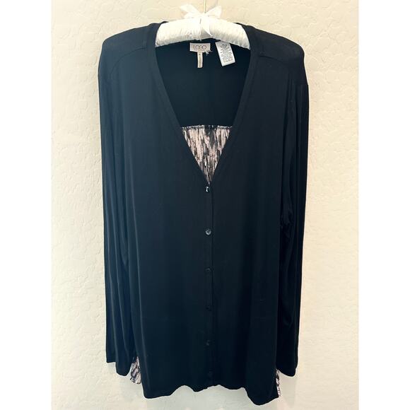 LORI GOLDSTEIN | Black Knit V-neck Button Front Mixed Media Cardigan | XL - Picture 1 of 5